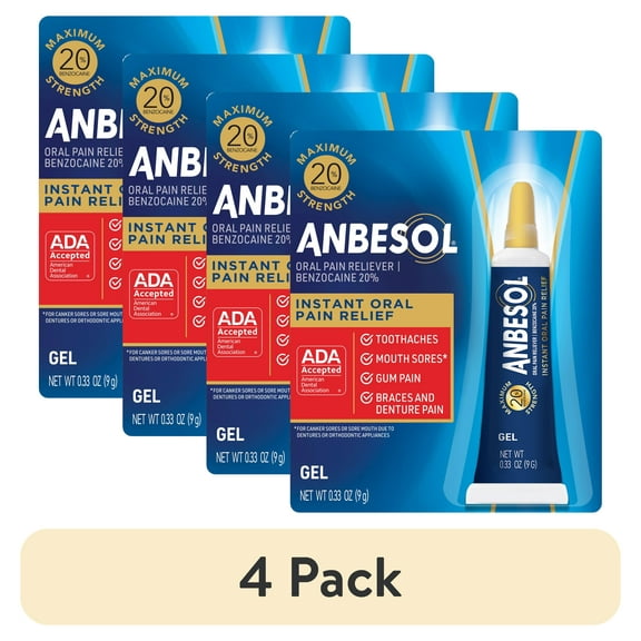 (4 pack) Anbesol Gel Maximum Strength, Instant Oral Pain Relief, 0.33 oz.