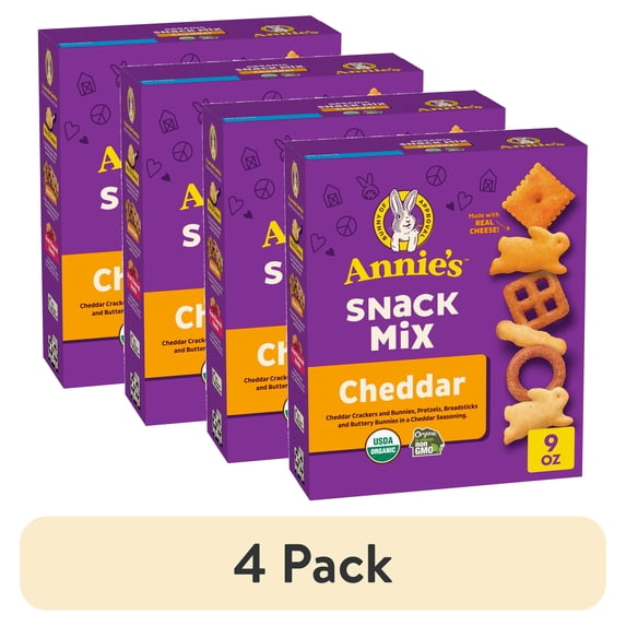 (4 pack) Annie's Cheddar Snack Mix With Assorted Crackers and Pretzels, 9 oz