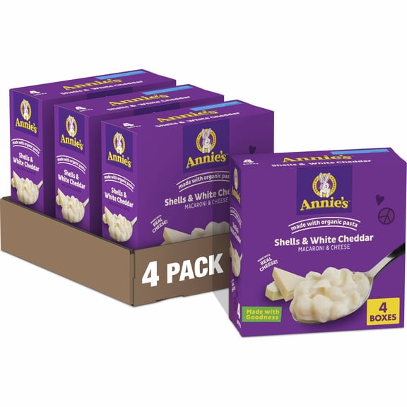 (4 pack) Annie's Shells and White Cheddar Made with Organic Protein Pasta and Real Cheese, 4 Count, 24 oz
