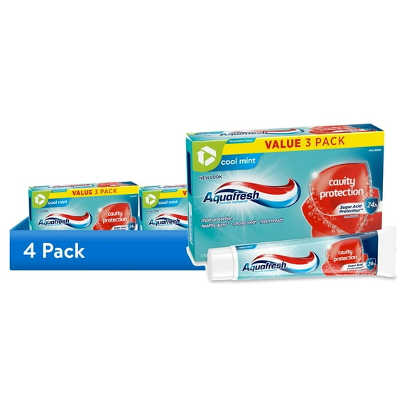 (4 pack) Aquafresh Cavity Protection Fluoride Toothpaste for Healthy Gums, Strong Teeth, and Fresh Breath, Cool Mint, 5.6 Oz (3 pack)