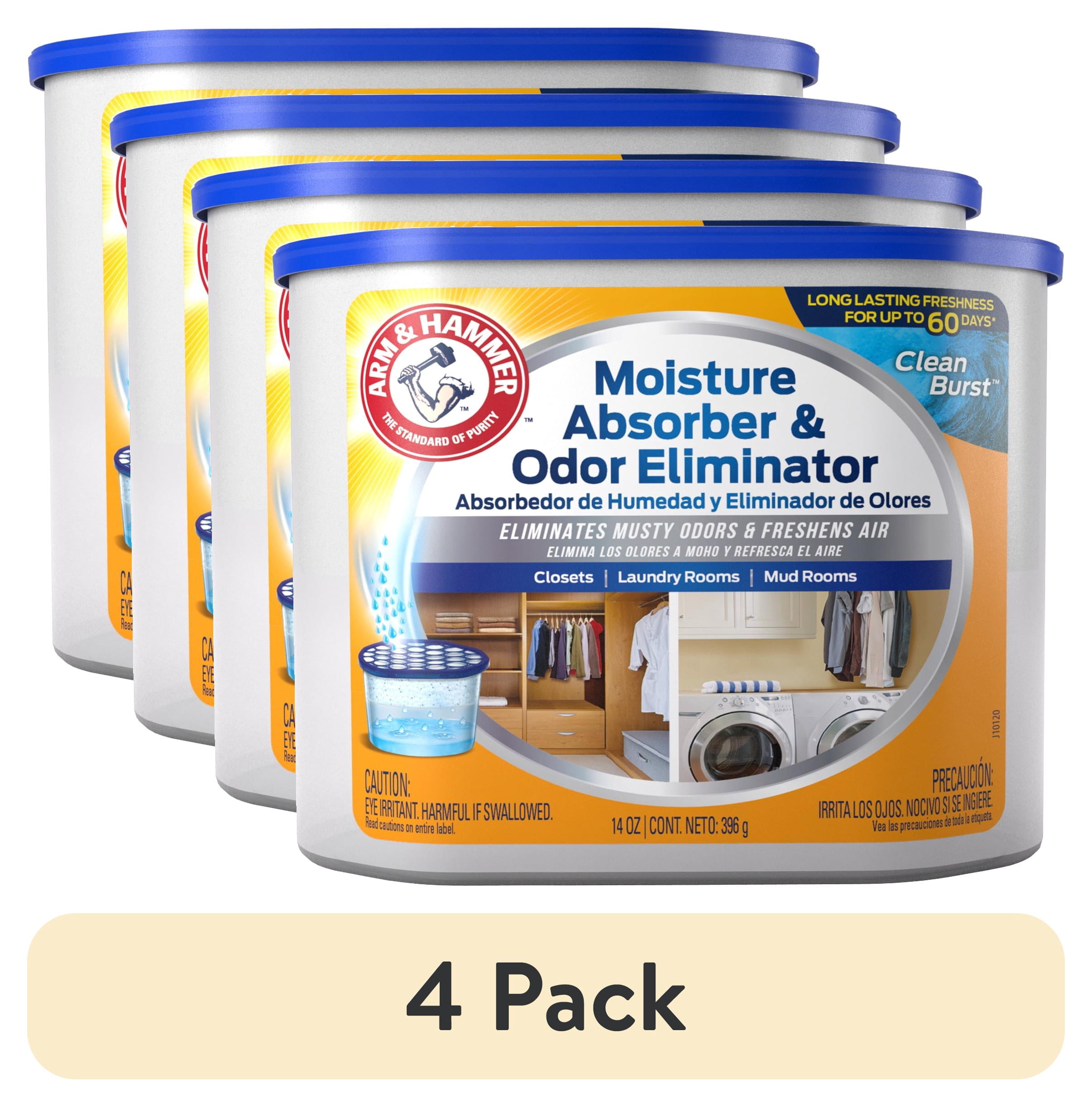 (4 pack) Arm & Hammer Moisture Absorber and Odor Eliminator Tub - Clean Burst Scent, Desiccant Type, 10.5 Oz