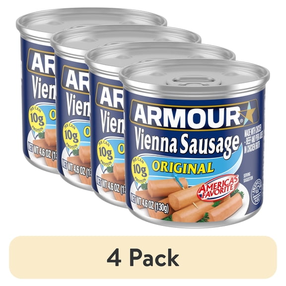 (4 pack) Armour Original Vienna Sausage, 7g Protein Per Serving, 4.6 oz Can
