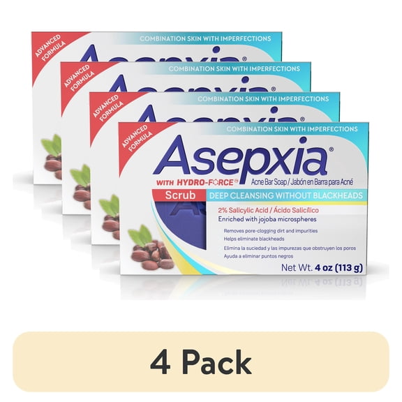 (4 pack) Asepxia Scrub Acne Bar Soap Deep Cleansing without Blackheads, with 2% Salicylic Acid for Oily Skin, 4 oz