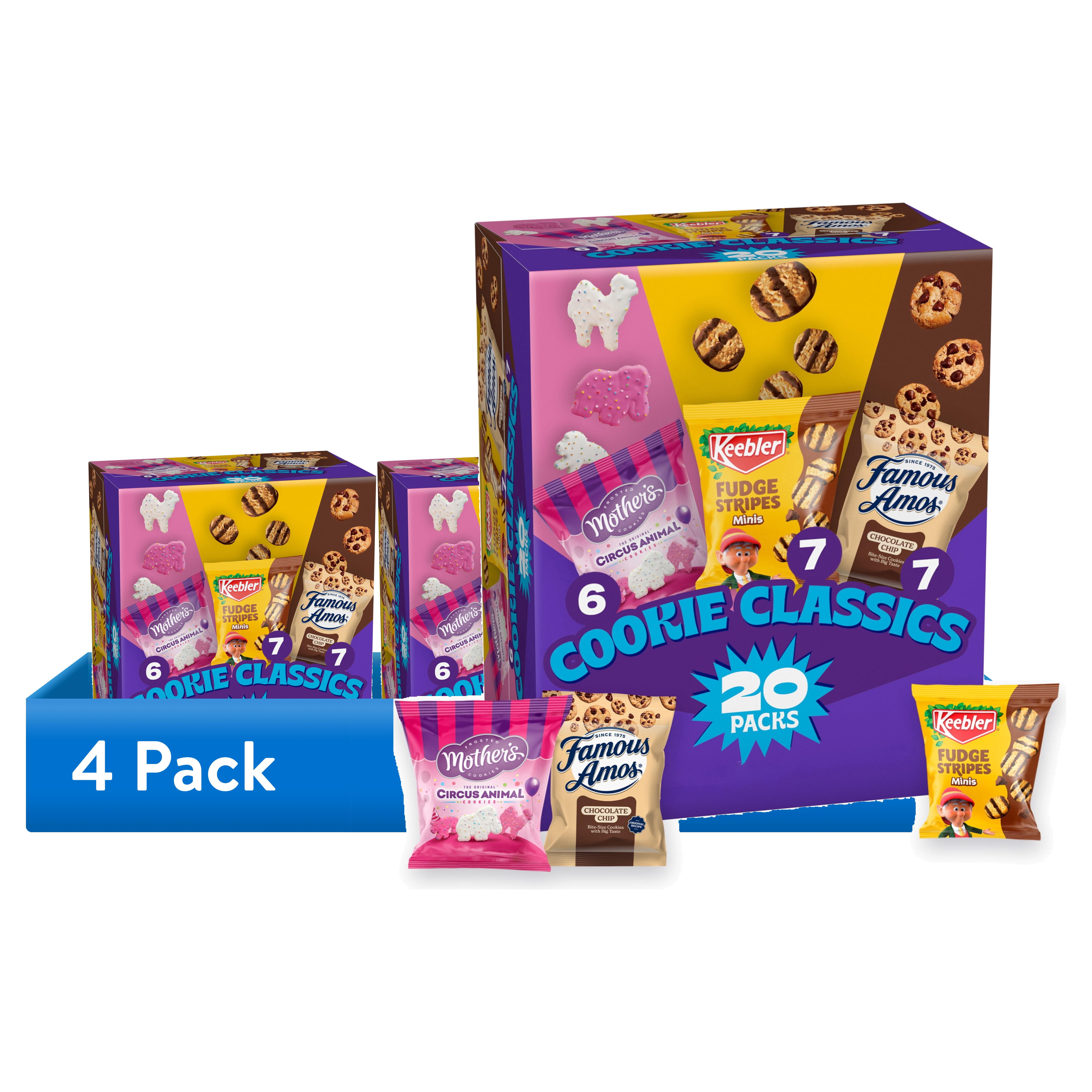 (4 pack) Assorted Cookie Classics Variety Pack - Mother’s Circus, Keebler Fudge Stripes & Famous Amos, 20 Pouch Box, 20 oz