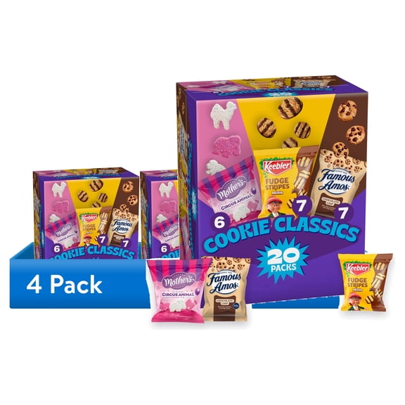 (4 pack) Assorted Cookie Classics Variety Pack - Mothers Circus, Keebler Fudge Stripes & Famous Amos, 20 Pouch Box, 20 oz