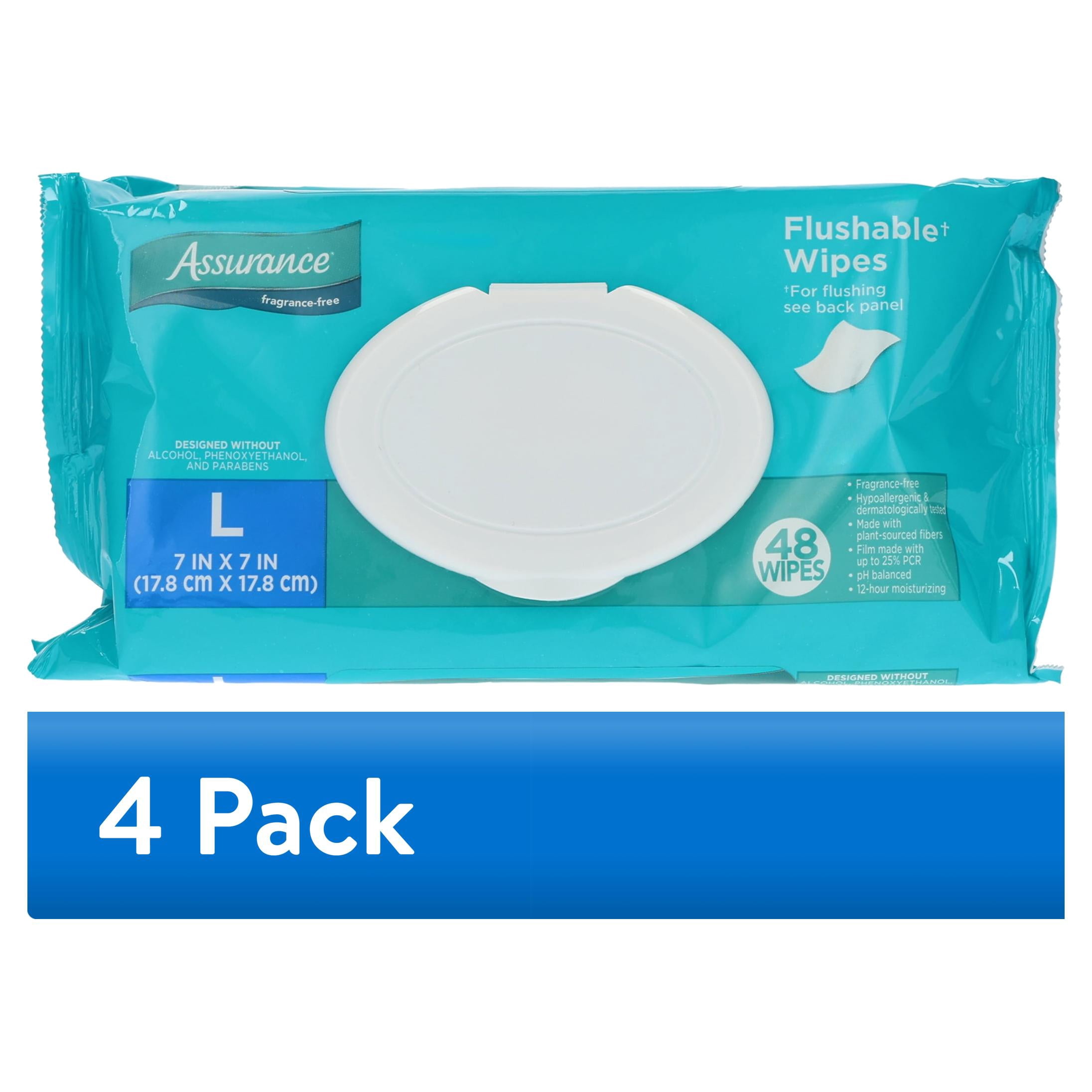 (4 pack) Assurance Large Flushable Wet Wipes, Fragrance Free, 48 Count, 2 Pack