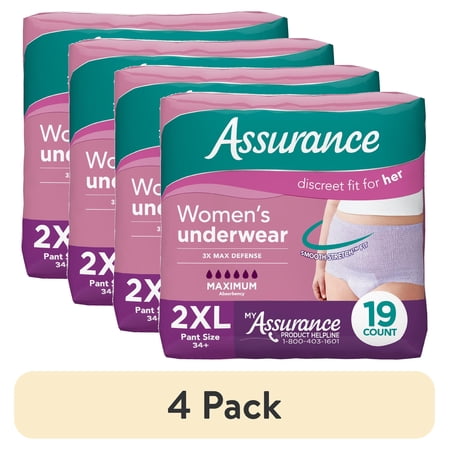 (4 pack) Assurance Women's Incontinence and Postpartum Underwear, XXL, Maximum Absorbency, 19 Count