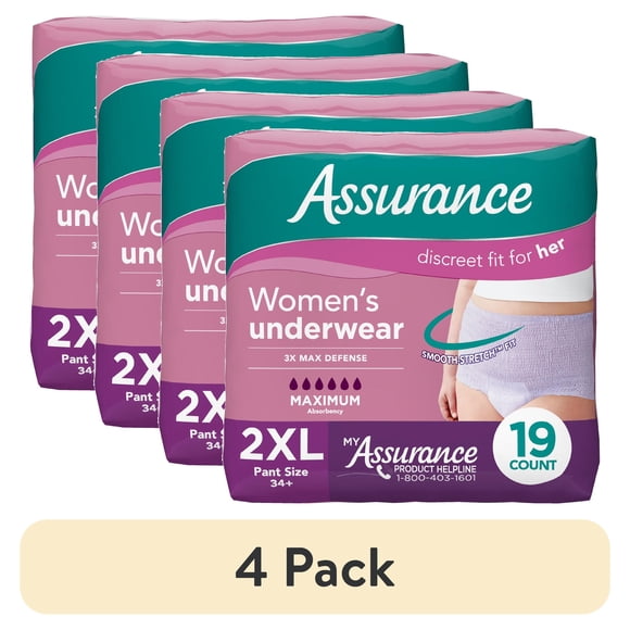 (4 pack) Assurance Women's Incontinence and Postpartum Underwear, XXL, Maximum Absorbency, 19 Count