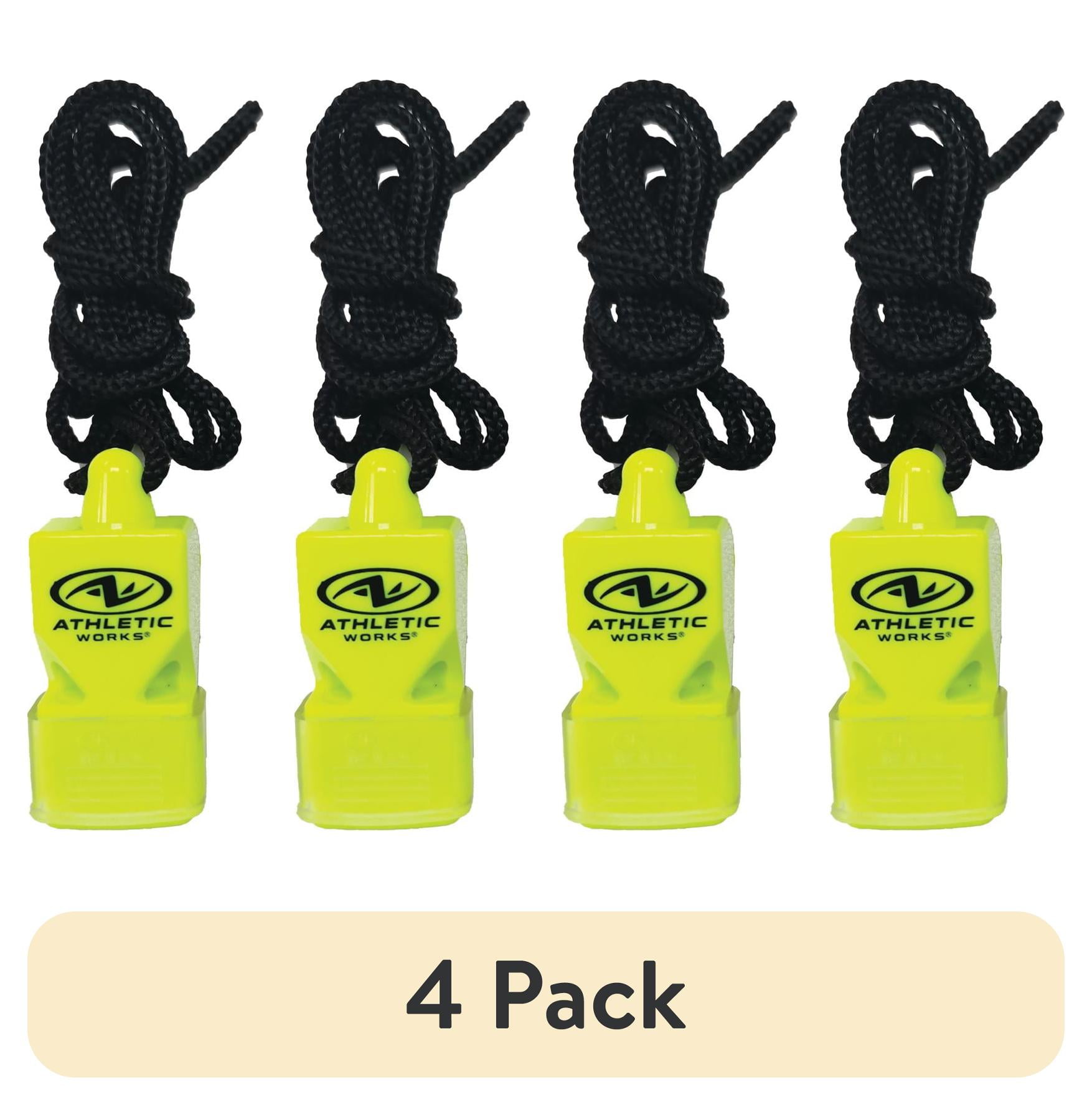(4 pack) Athletic Works Pea-less Coaches Whistle, Adjustable Cord, Black, Yellow, Plastic, 2 Pack