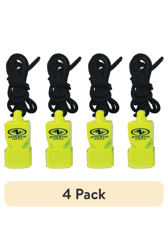 (4 pack) Athletic Works Pea-less Coaches Whistle, Adjustable Cord, Black, Yellow, Plastic, 2 Pack