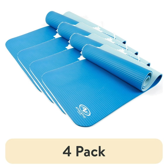 (4 pack) Athletic Works Two Tone Fitness Mat, 10mm, 72inx24in, Blue Color, NBR Foam, with Carry Strap