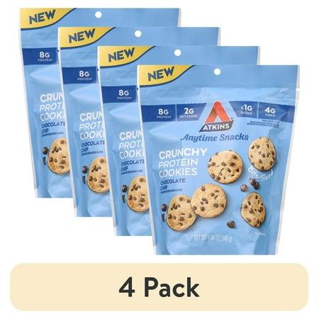 (4 pack) Atkins Crunchy Bite-Sized Protein Cookies, Chocolate Chip, 4.94 oz Resealable Bag