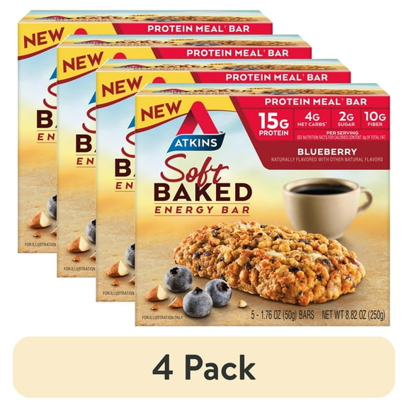 (4 pack) Atkins Blueberry Soft Baked High Protein Energy Bars, Low Sugar, High Fiber Protein Snack, Keto-Friendly Bars, 5 Ct