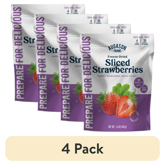 (4 pack) Augason Farms Freeze Dried Sliced Strawberries Pouch - Gluten Free Snack for Baking, Smoothies, and Emergency Storage - Healthy Individual Fruit Snacks 1.4 Ounces (4 Servings)