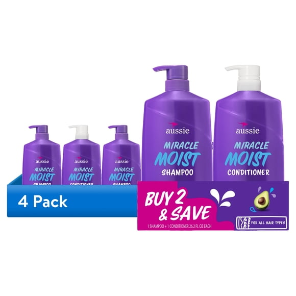 (4 pack) Aussie Miracle Moist Shampoo and Conditioner Dual Pack Hair Set, 26.2 fl oz