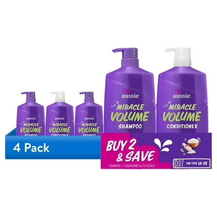 (4 pack) Aussie Miracle Volume Shampoo and Conditioner Dual Pack Hair Set, All Hair Types, 26.2 fl oz