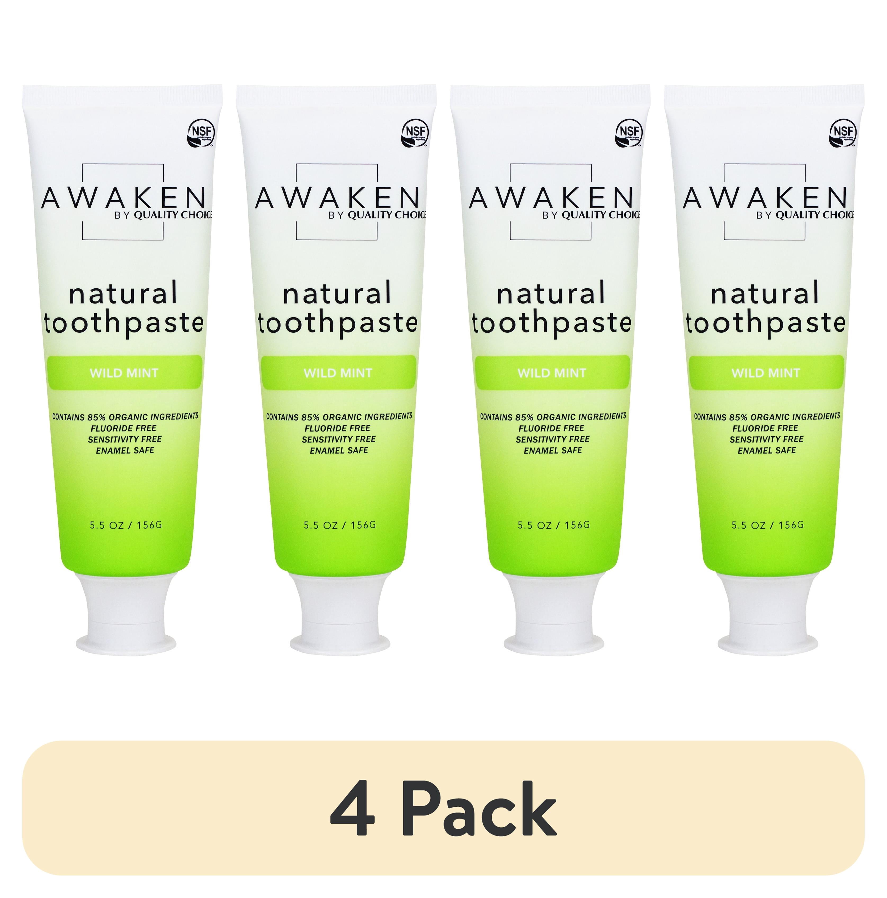 (4 pack) Awaken by Quality Choice Natural Toothpaste, Fluoride Free, Enamel Safe, Sensitivity Free, 85% Organic Ingredients, Wild Mint, 5.5 OZ