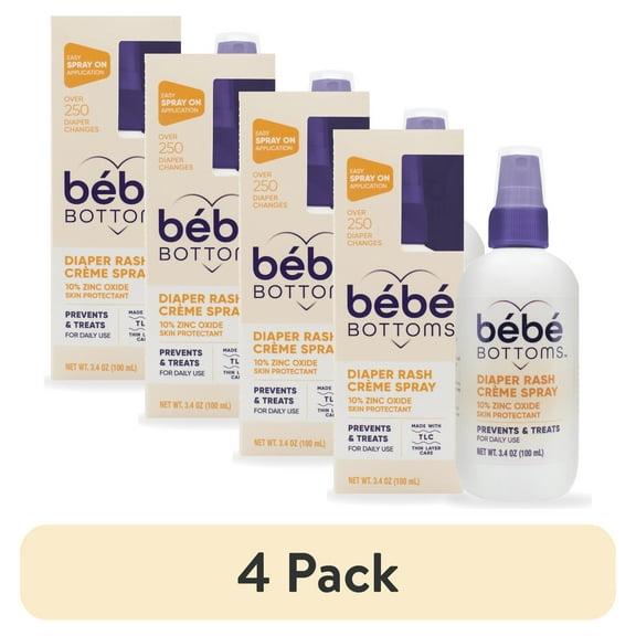 (4 pack) Bébé Bottoms Diaper Rash Cream Spray - Paraben, Dye & Fragrance Free, No-Rub Touch Free Application for Sensitive Skin - Quick Relief & Comfort (100 ml)