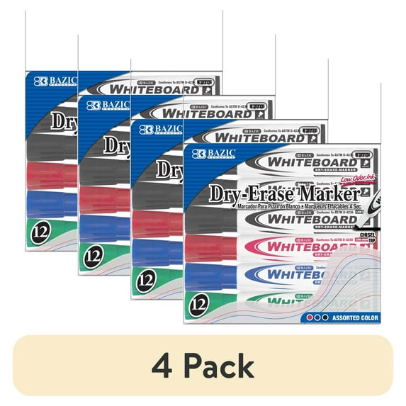 (4 pack) BAZIC Dry Erase Marker Assorted Color Chisel Tip Whiteboard Markers (12/Pack), 1-Pack