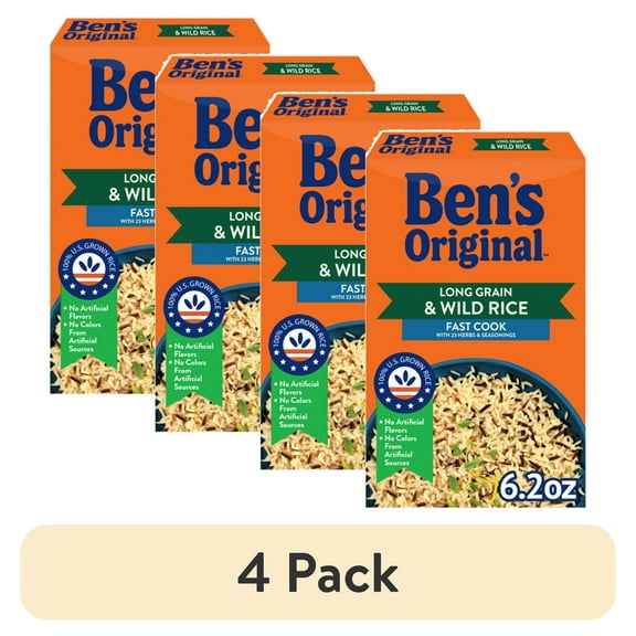 (4 pack) BEN'S ORIGINAL Long Grain Rice and Wild Rice, Fast Cook Rice, 6.2 OZ Box