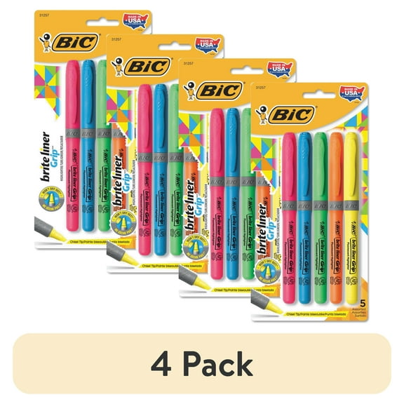 BIC Brite Liner Grip Pocket Highlighter, Chisel Tip, Assorted Colors, 5 Count