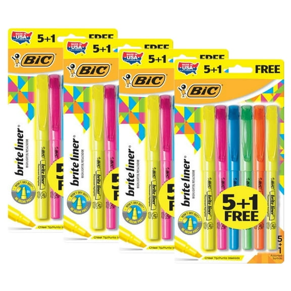 BIC Brite Liner Highlighters, Assorted Fluorescent Colors, 5 + 1 Pack of Highlighters