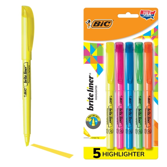 BIC Brite Liner Highlighter, Chisel Point, Assorted Colors, 5 Count