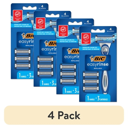 (4 pack) BIC Easy Rinse Anti-Clogging Men's 4-Blade Manual Refillable Razors with 3 Cartridges