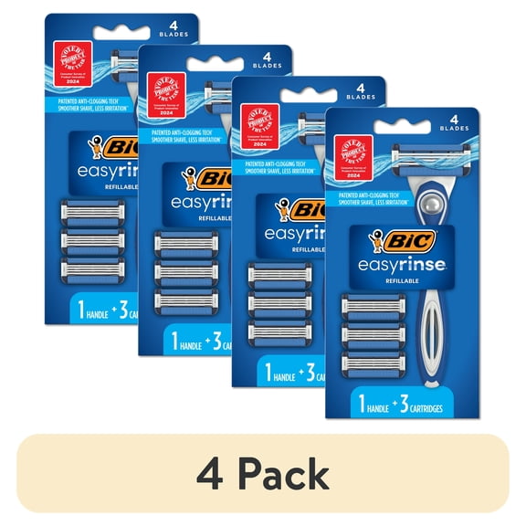 (4 pack) BIC Easy Rinse Anti-Clogging Men's 4-Blade Manual Refillable Razors with 3 Cartridges