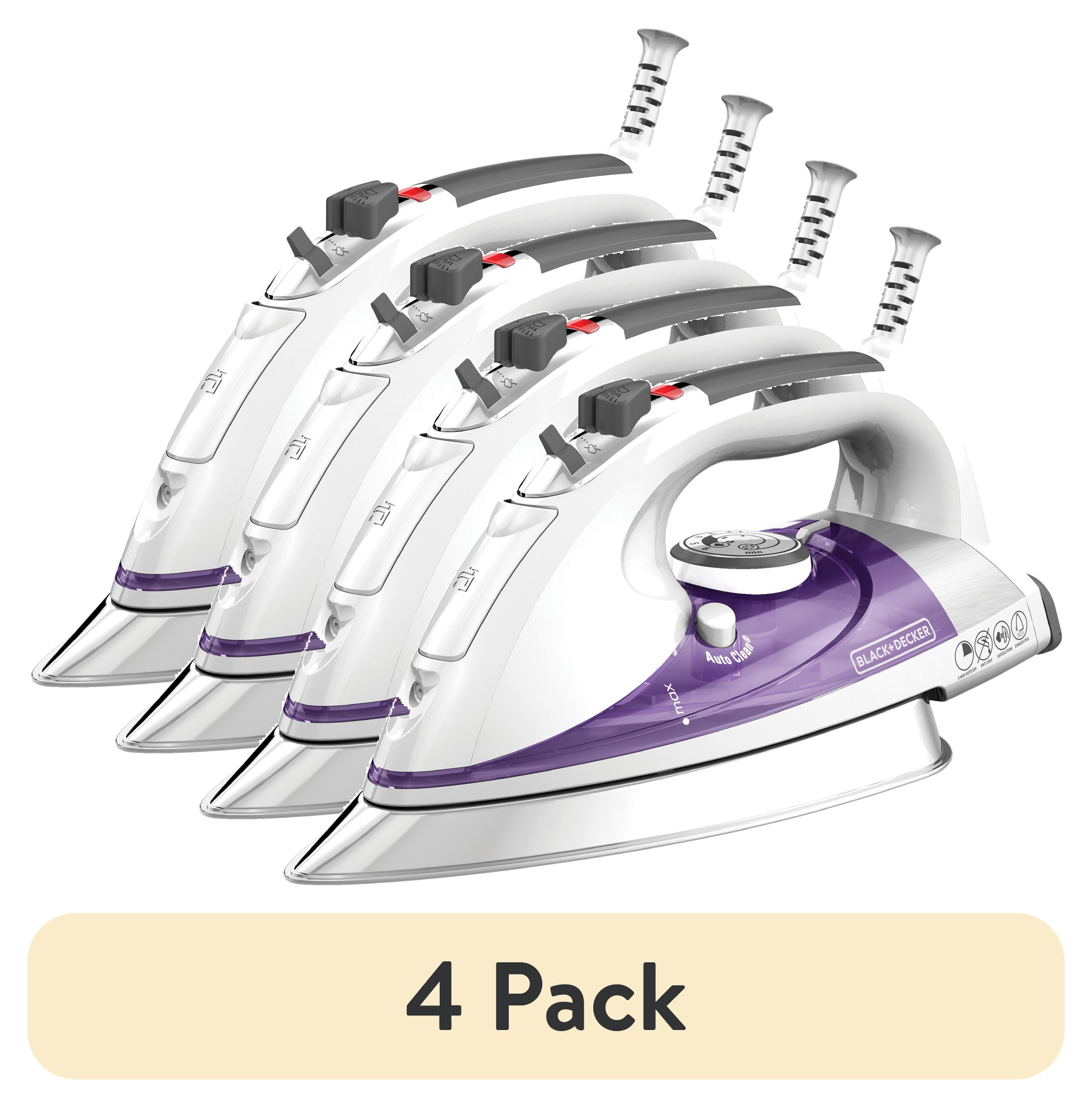 (4 pack) BLACK+DECKER Steam Iron for Clothes, 1500W, Stainless Steel Soleplate, Auto Shut-Off, Self-Cleaning, 10ft Cord, White
