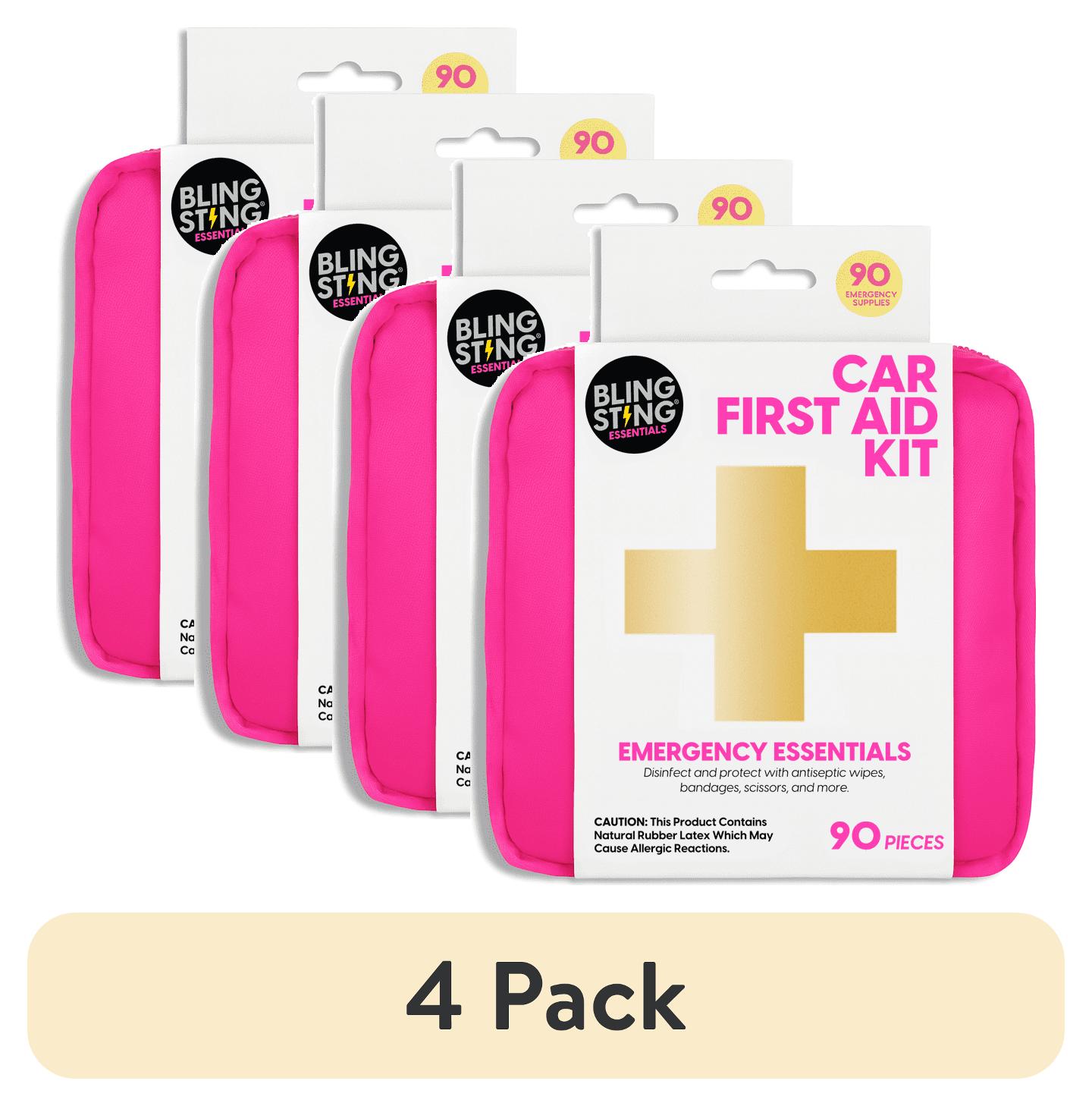 (4 pack) BLINGSTING Car First Aid Kit - 90 Pieces Included, Pink, 1 Count, 5 in x 5 in 2 in
