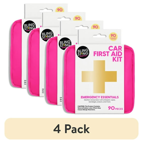 (4 pack) BLINGSTING Car First Aid Kit - 90 Pieces Included, Pink, 1 Count, 5 in x 5 in 2 in