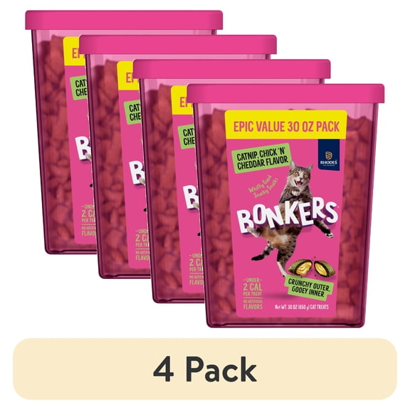 (4 pack) BONKERS Bites Catnip & Chick 'N' Cheddar Flavor Crunchy & Soft Treats for Cats, 30oz Tub