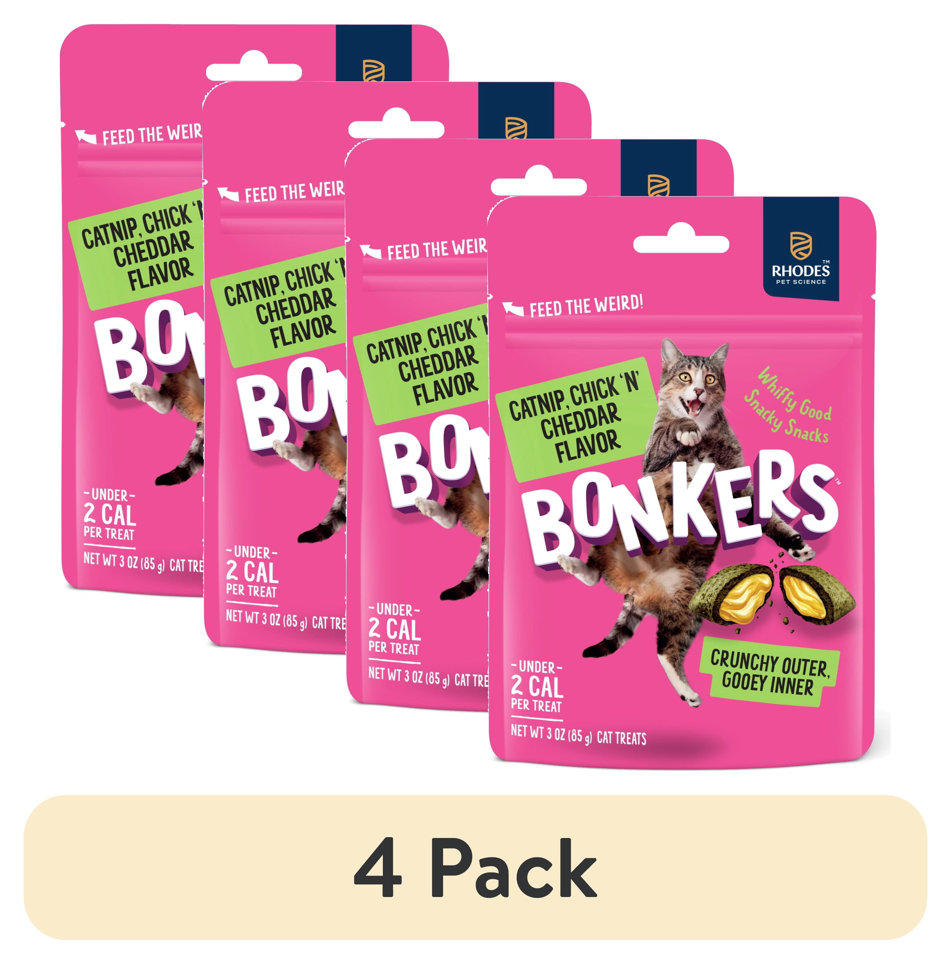 (4 pack) BONKERS Bites Catnip & Chick 'N' Cheddar Flavor Crunchy & Soft Treats for Cats, 3oz Bag