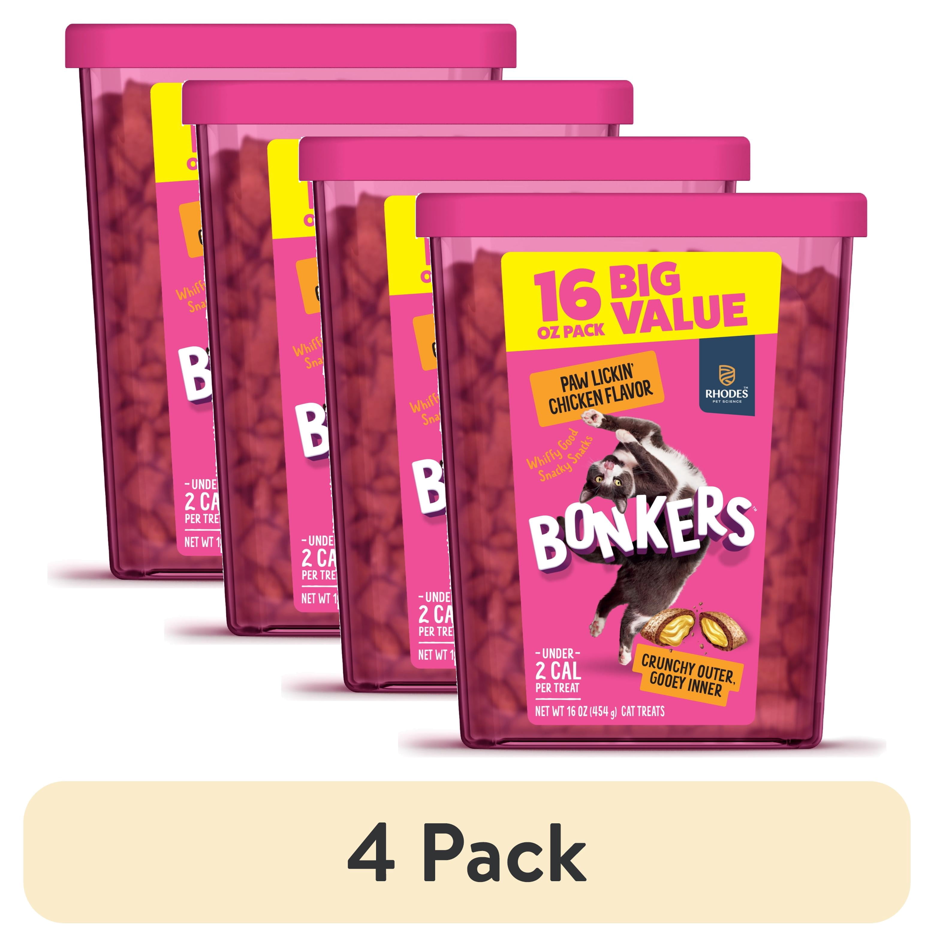 (4 pack) BONKERS Bites Paw Lickin' Chicken Flavor Crunchy & Soft Treats for Cats, 16oz Tub