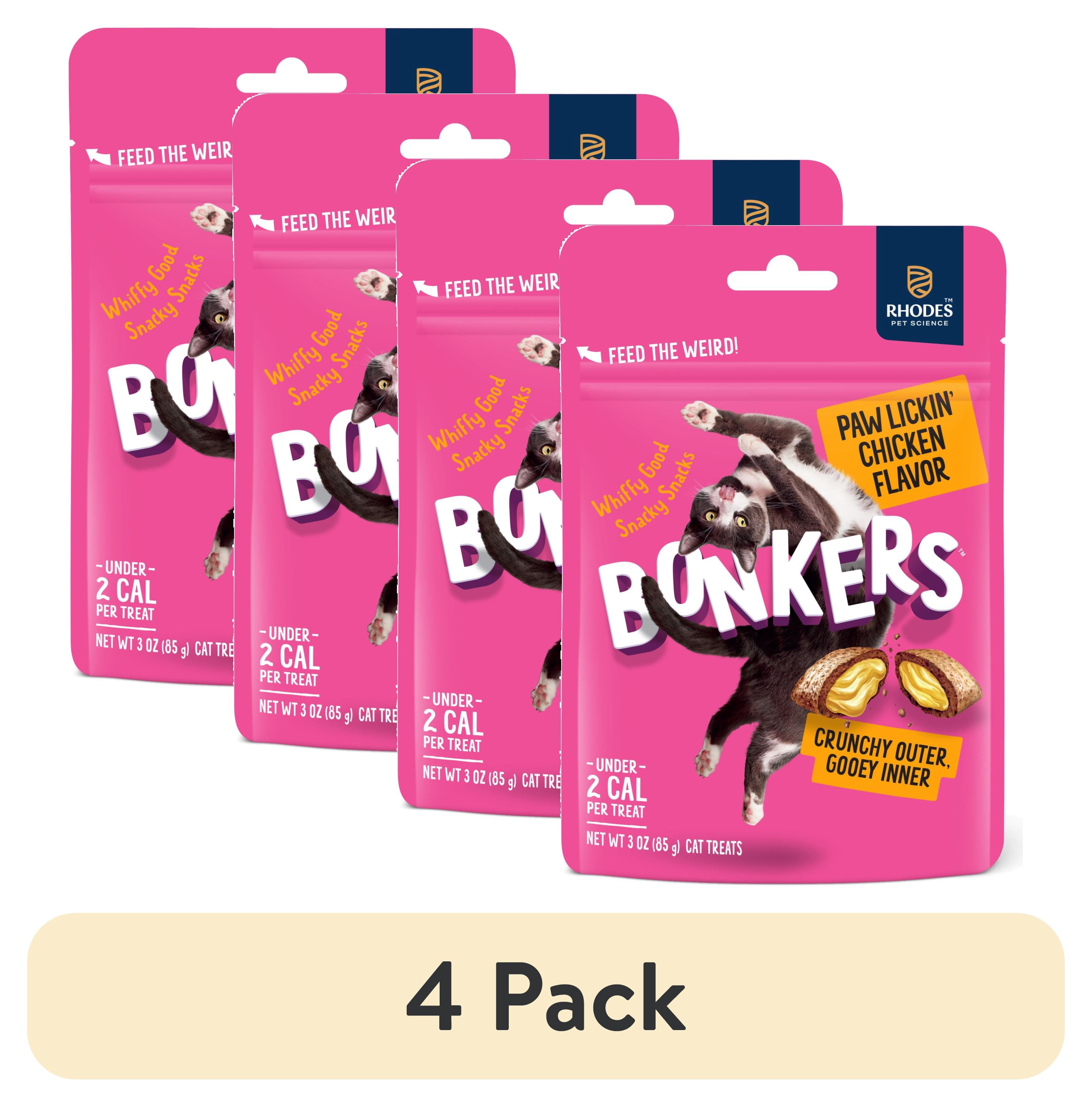 (4 pack) BONKERS Bites Paw Lickin' Chicken Flavor Crunchy & Soft Treats for Cats, 3oz Bag
