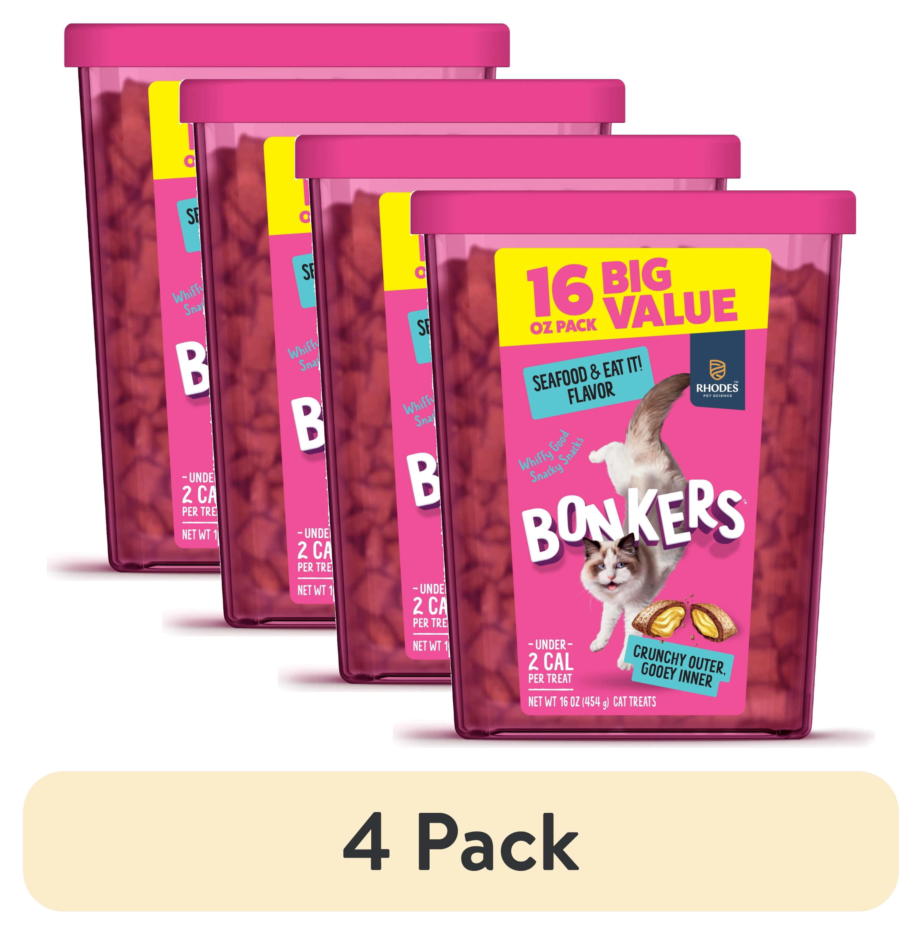 (4 pack) BONKERS Bites Seafood & Eat It Flavor Crunchy & Soft Treats for Cats, 16oz Tub