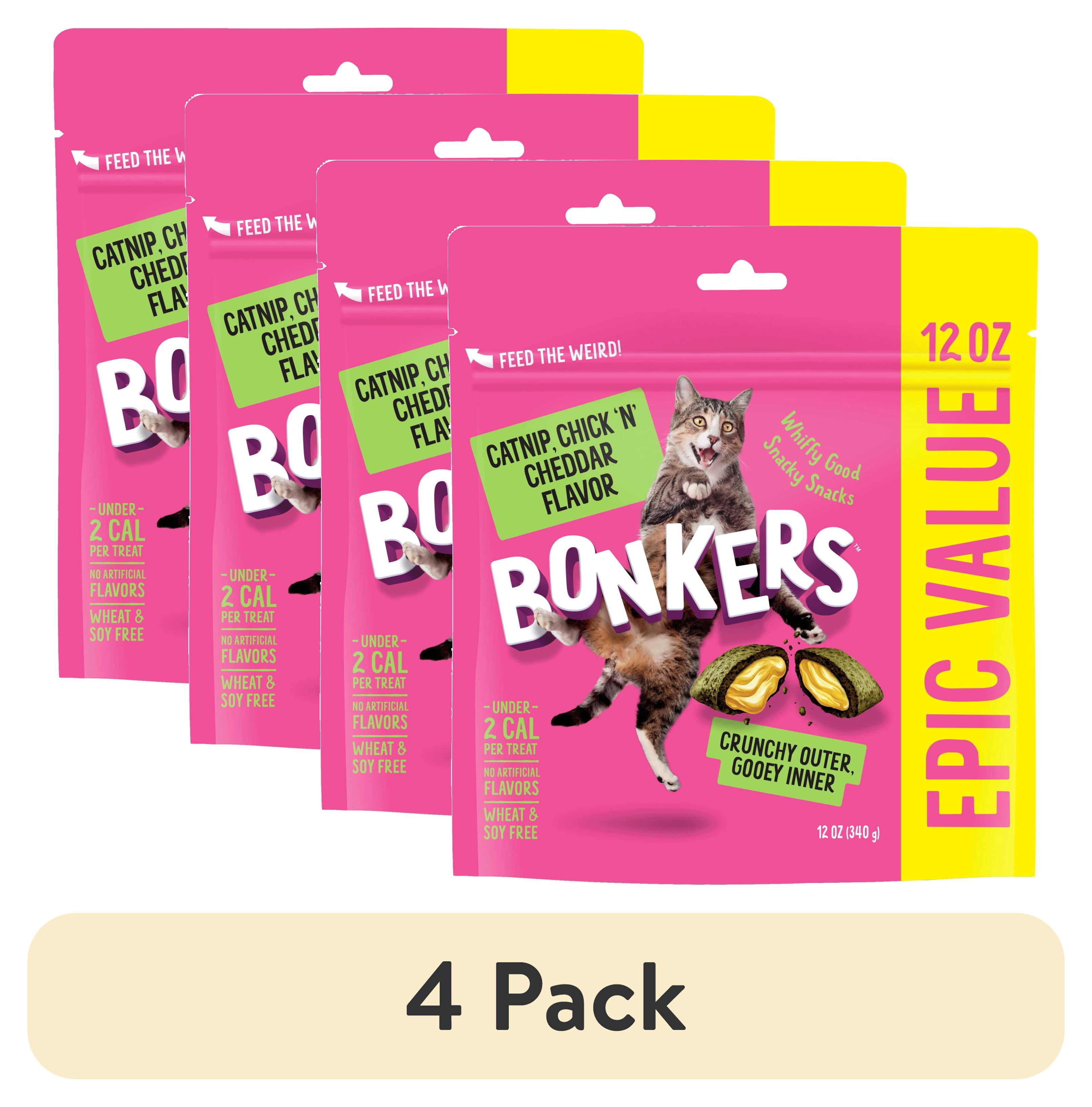 (4 pack) BONKERS Bites Catnip & Chick 'N' Cheddar Flavor Crunchy & Soft Treats for Cats, 12oz Bag