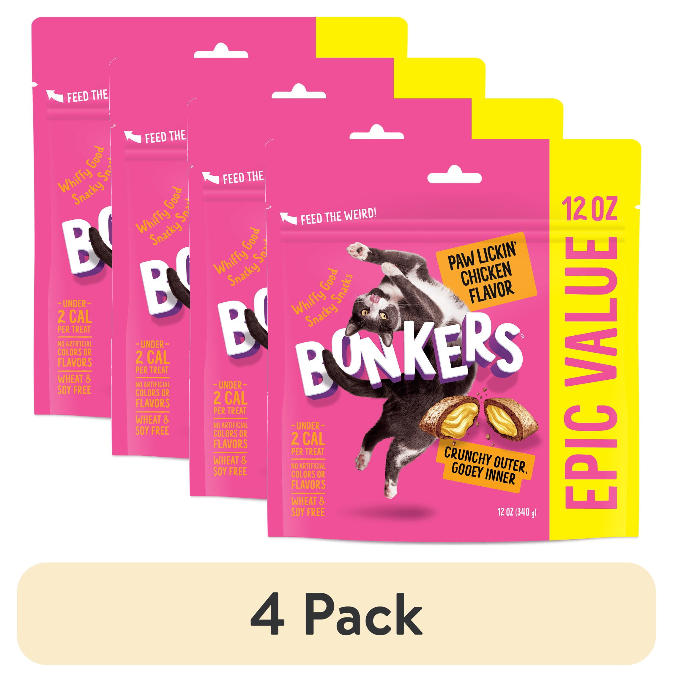 (4 pack) BONKERS Bites Paw Lickin' Chicken Flavor Crunchy & Soft Treats for Cats, 12oz Bag
