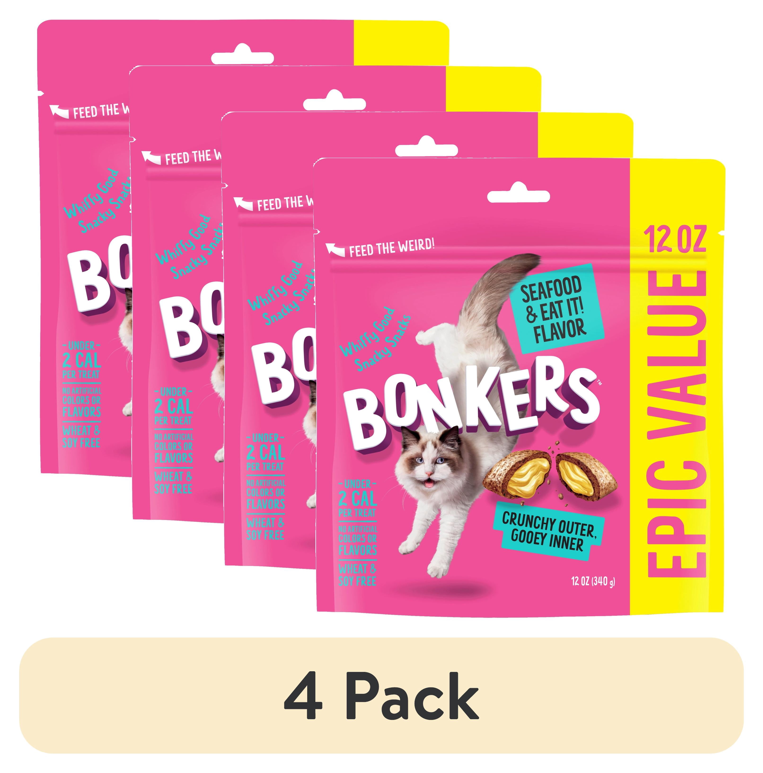 (4 pack) BONKERS Bites Seafood & Eat It Flavor Crunchy & Soft Treats for Cats, 12oz Bag