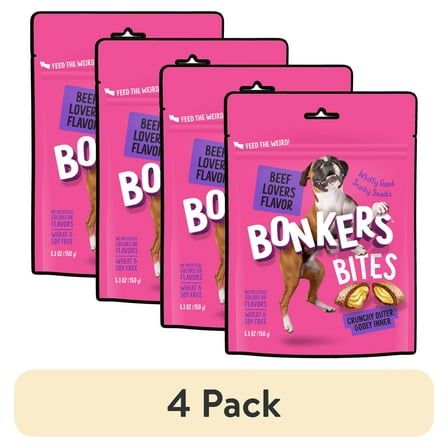 (4 pack) BONKERS Bites Beef Lovers Flavor Crunchy & Soft Treats for Dogs, 5.3oz Bag
