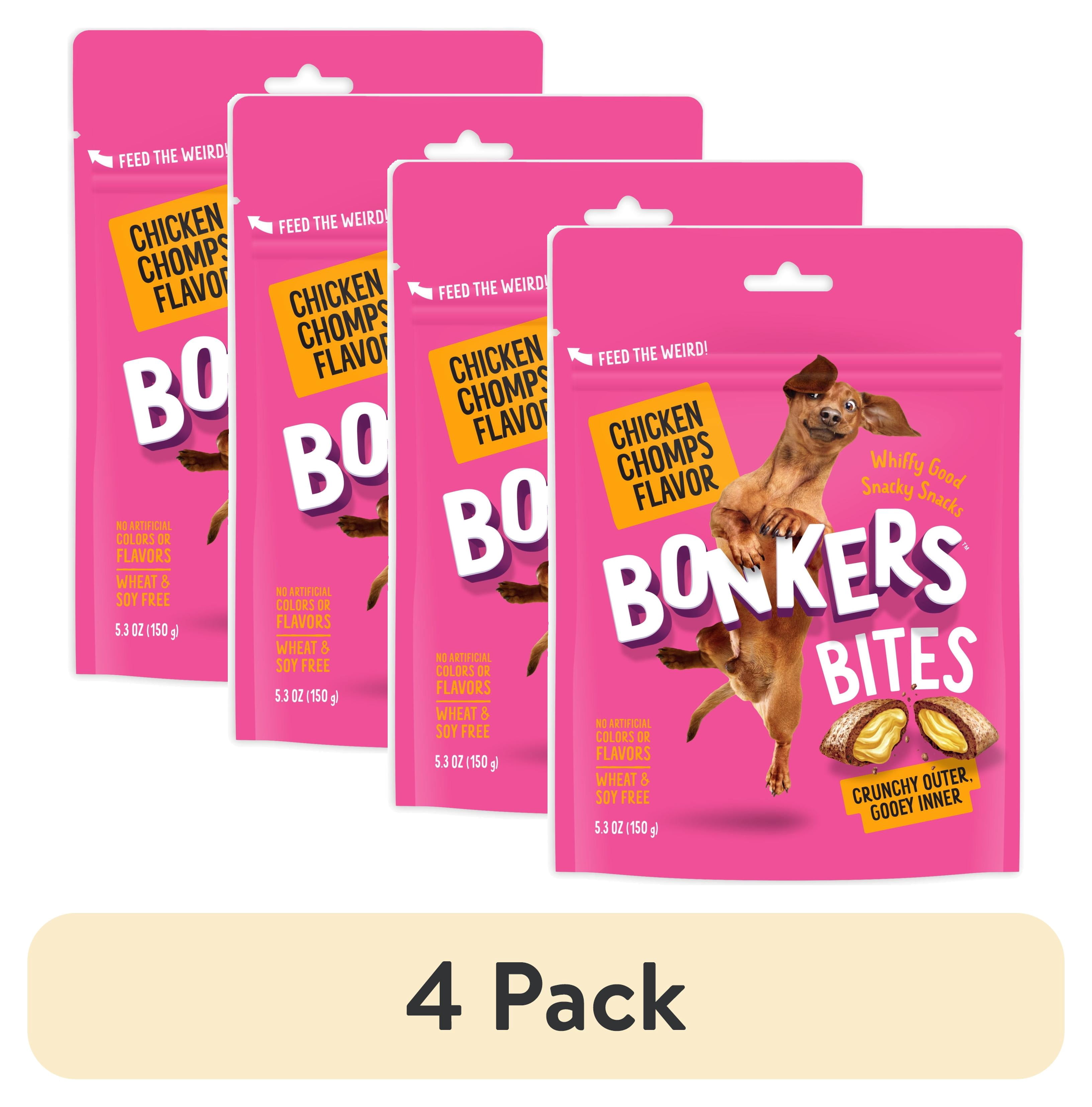 (4 pack) BONKERS Bites Chicken Chomps Flavor Crunchy & Soft Treats for Dogs, 5.3oz Bag