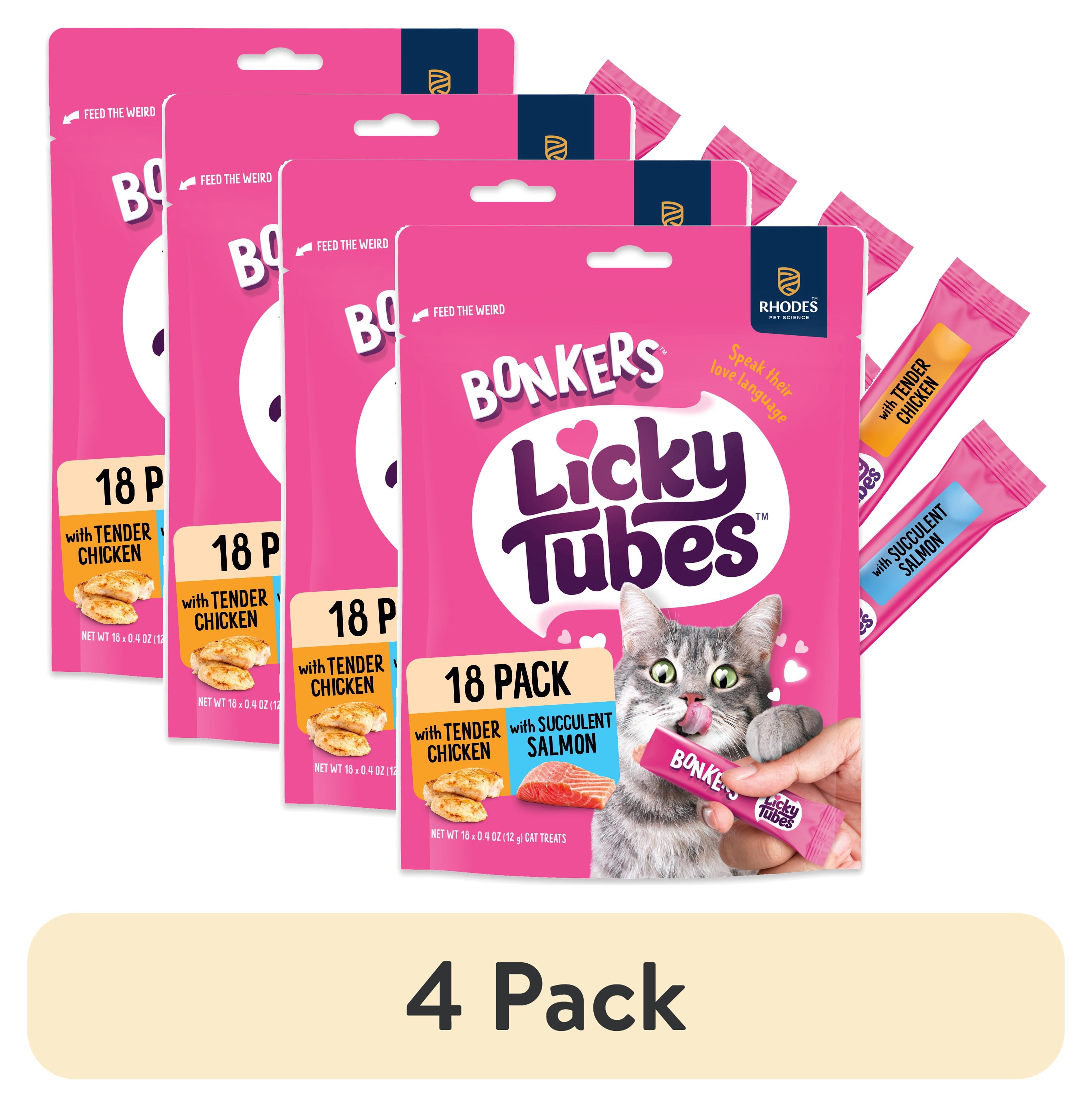 (4 pack) BONKERS Licky Tubes Chicken & Salmon Flavoured Wet Lickable Treats Treats for Cats, 18 Pack