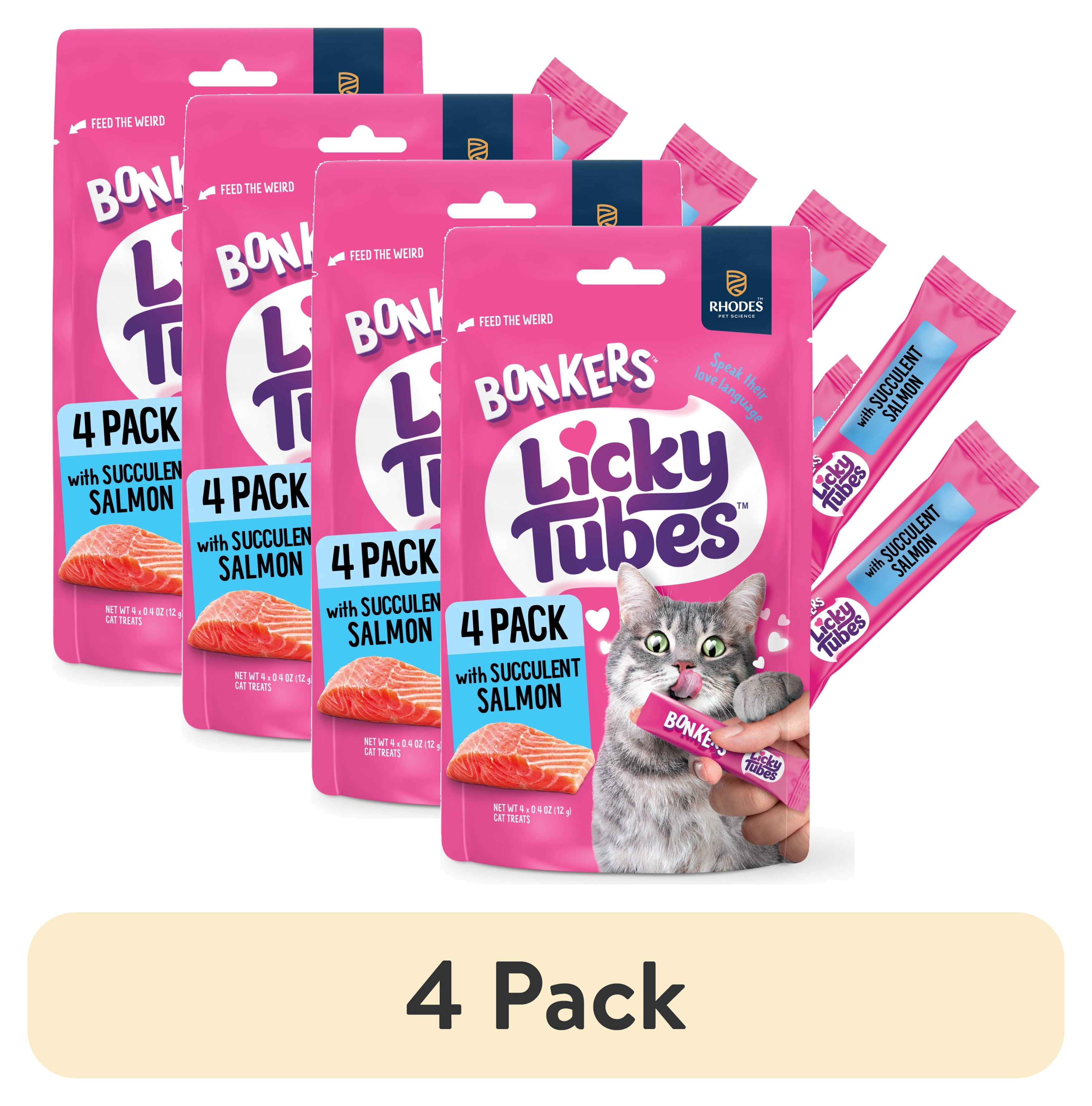 (4 pack) BONKERS Licky Tubes Salmon Flavored Wet Lickable Treats for Cats, 4 Pack