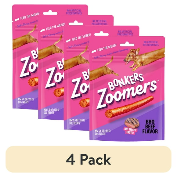 (4 pack) BONKERS Zoomers BBQ Beef Flavor Soft & Chewy Treats for Dogs, 5.6oz Bag