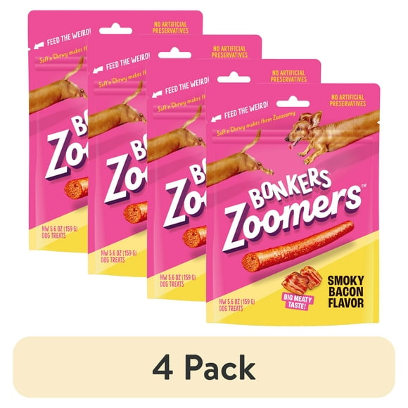 (4 pack) BONKERS Zoomers Smoky Bacon Flavor Soft & Chewy Treats for Dogs, 5.6oz Bag