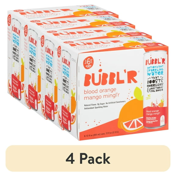 (4 pack) BUBBL'R Antioxidant Sparkling Water, Blood Orange Mango Mingl'r, 12 fl oz, 6 Pack Cans