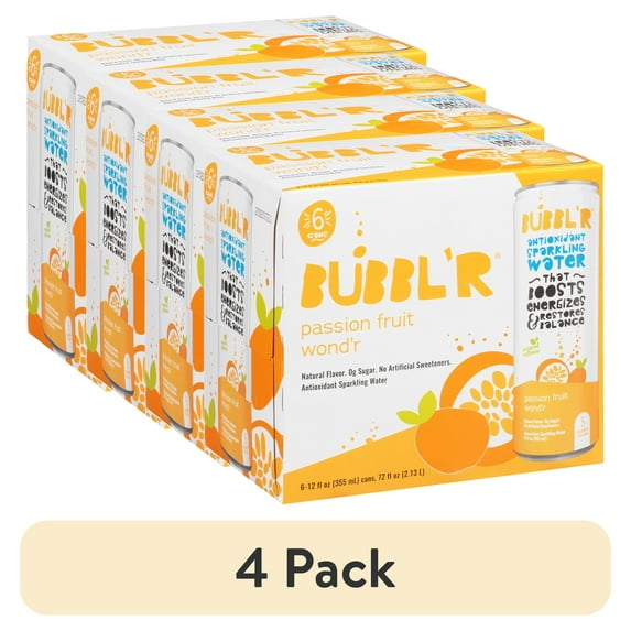 (4 pack) BUBBL'R Antioxidant Sparkling Water, Passion Fruit Wond'r, 12 fl oz, 6 Pack Cans