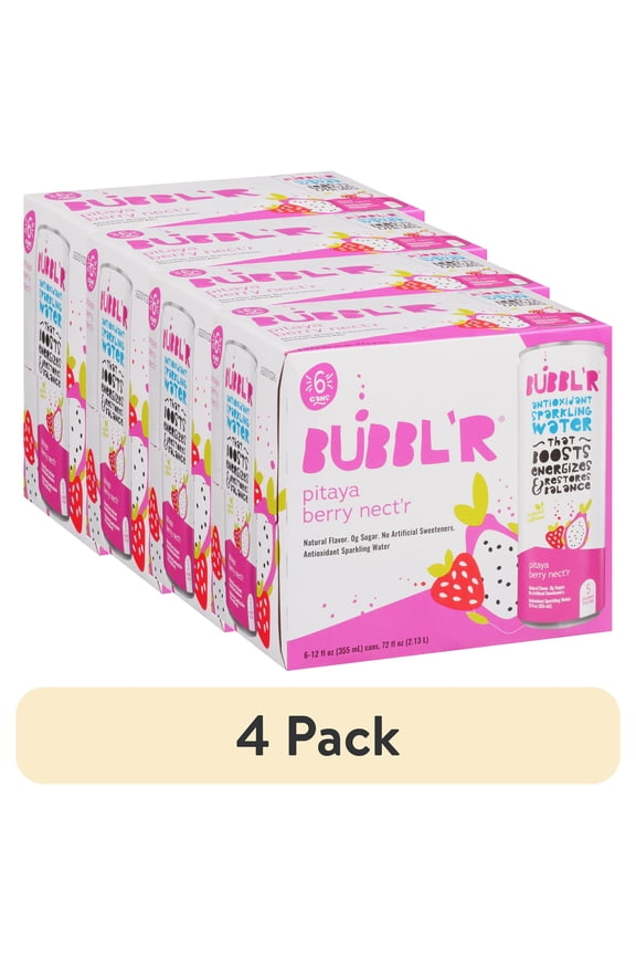 (4 pack) BUBBL'R Antioxidant Sparkling Water, Pitaya Berry Nect'r, 12 fl oz, 6 Pack Cans
