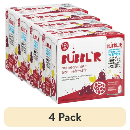 (4 pack) BUBBL'R Antioxidant Sparkling Water, Pomegranate Acai Refresh'r, 12 fl oz, 6 Pack Cans